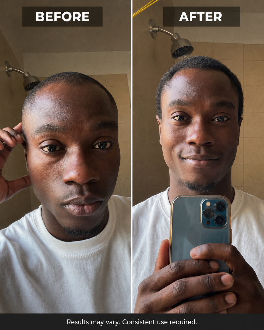 "Been using it for about 6 weeks. My hairline was getting really thin at the front and I was starting to stress about it. You can see the difference yourself — hair is filling in and I actually feel good looking in the mirror again."— Sipho M., Soweto ★★★★★