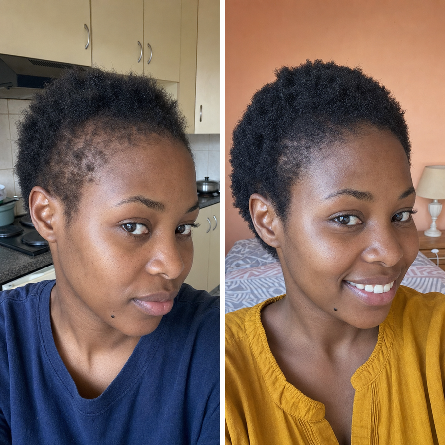 "I wasn't expecting much honestly. But 5 weeks in my hairline started coming back and the crown is way fuller now. I use it with the derma roller like they recommend and I think that's what made the difference."— Lungelo D., Johannesburg ★★★★★